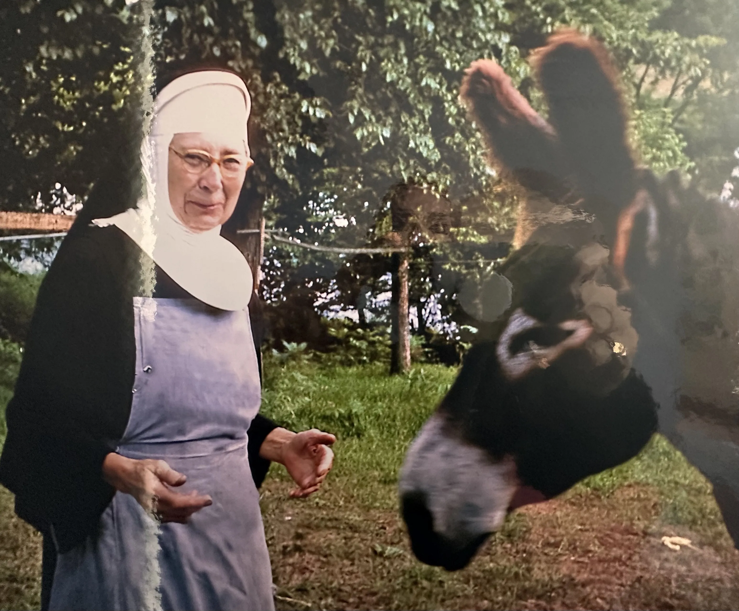 A sister greeting a visitor outdoors