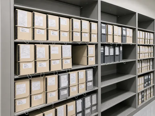 Archival storage boxes organized on shelving in the HARC vault