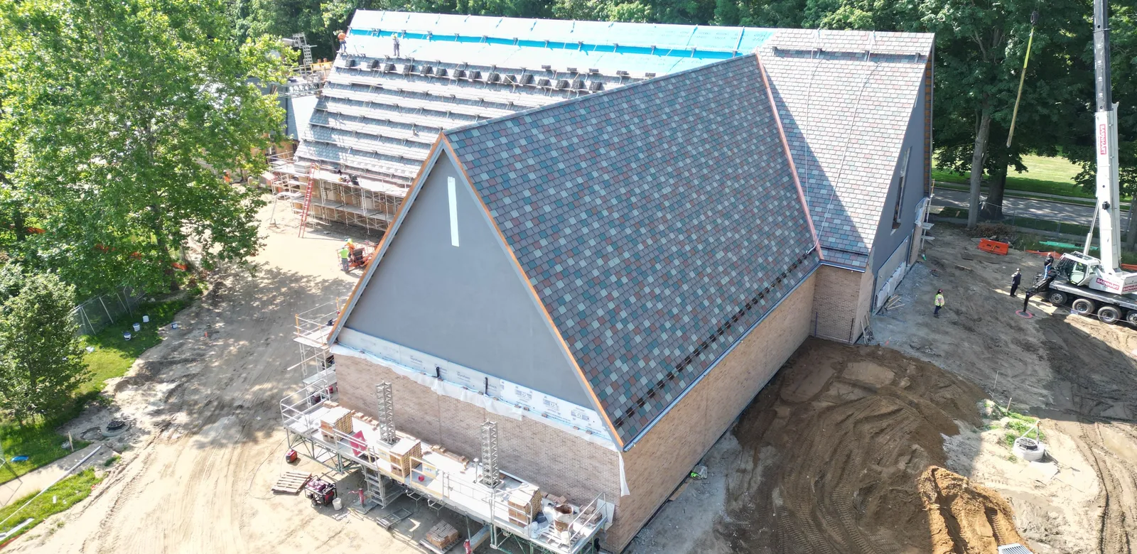Aerial view of the Heritage and Research Center roof under construction