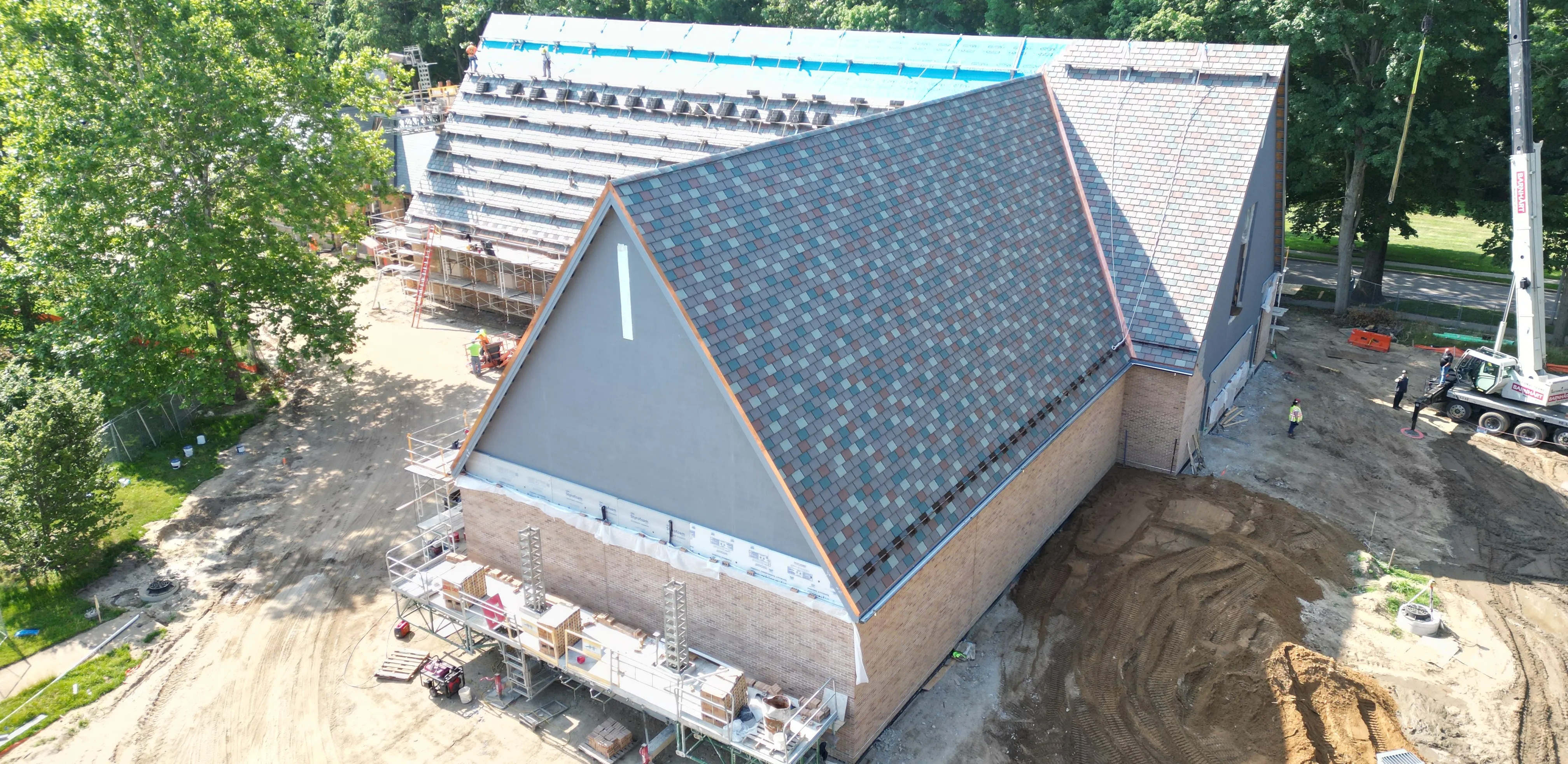 Aerial view of the Heritage and Research Center roof under construction
