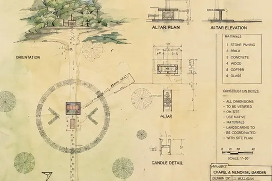 Architectural sketch of a chapel and memorial garden
